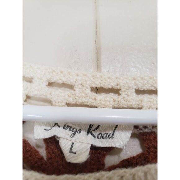 Kings Road Womens L Crochet Top Floral Cream Brown Flare Sleeve Festival Boho - Picture 6 of 7